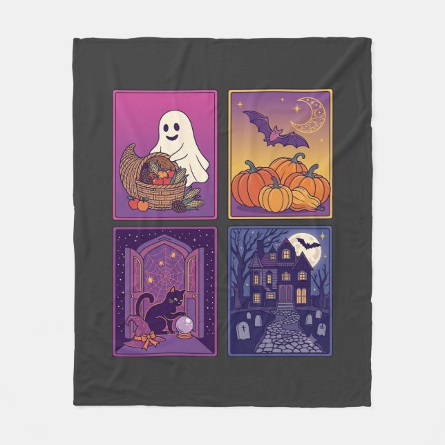 Halloween Ghost Pumpkins Black Cat Haunted House B Fleece Blanket (Front)
