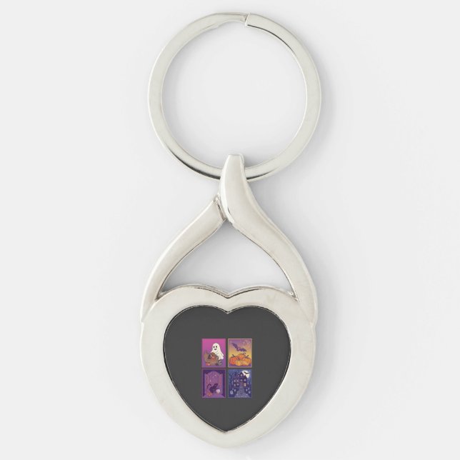 Halloween Ghost Pumpkins Black Cat Haunted House B Keychain (Front)