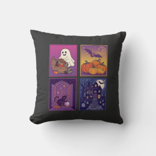 Halloween Ghost Pumpkins Black Cat Haunted House B Throw Pillow