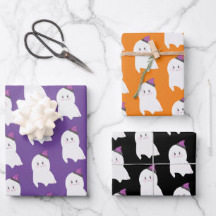 Halloween Ghost Purple Orange Black Wrapping Paper Sheet