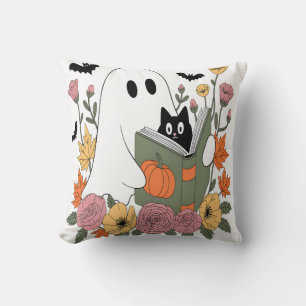 Halloween Ghost Reading Book Cat Throw Pillow