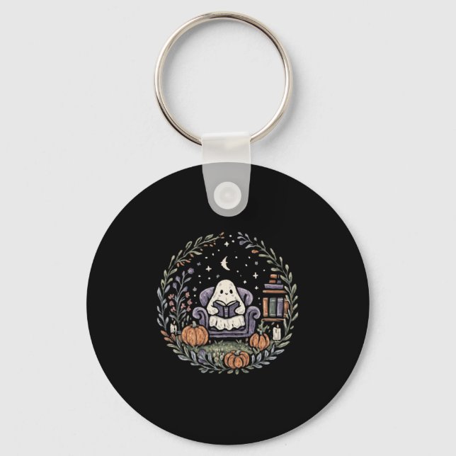 Halloween Ghost Reading Book Lover Tee Long Sleeve Keychain (Front)