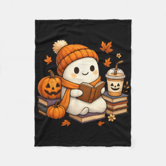 Halloween Ghost Reading Book Lovers Coffee Girl Wo Fleece Blanket