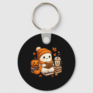 Halloween Ghost Reading Book Lovers Coffee Girl Wo Keychain