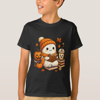 Halloween Ghost Reading Book Lovers Coffee Girl Wo T-Shirt