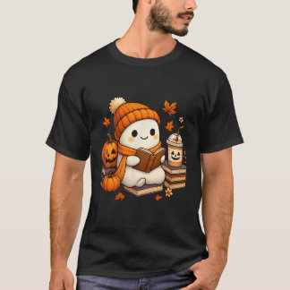 Halloween Ghost Reading Book Lovers Coffee Girl Wo T-Shirt