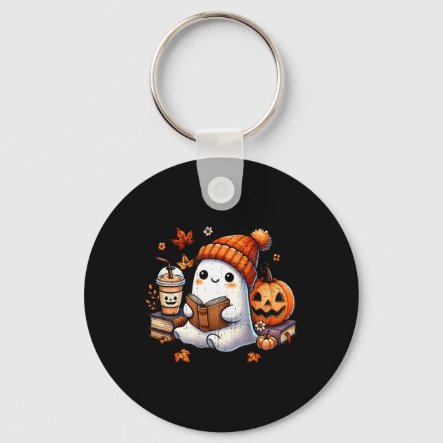 Halloween Ghost Reading Book Lovers Cute Ghost Cof Keychain (Front)