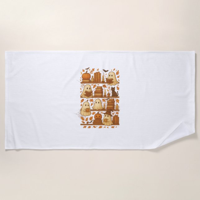 Halloween Ghost Reading Books Lover Beach Towel (Front)