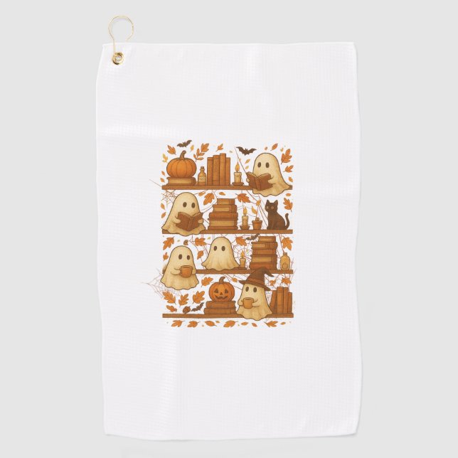 Halloween Ghost Reading Books Lover Golf Towel (Front)