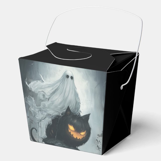 Halloween Ghost Riding a Black Cat  Favor Box (Front)