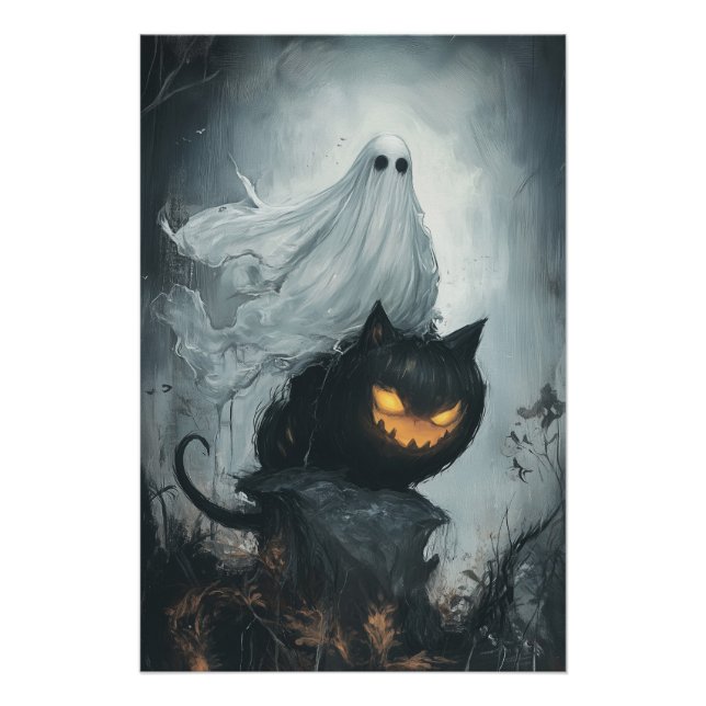 Halloween Ghost Riding a Black Cat  Poster (Front)