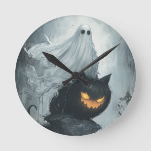 Halloween Ghost Riding a Black Cat Round Clock