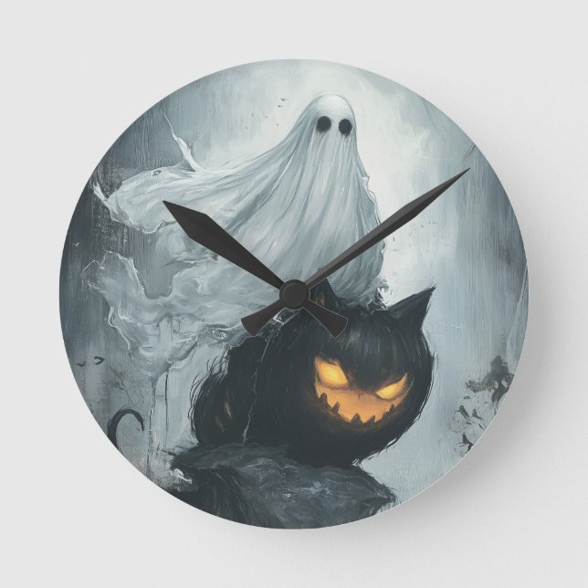 Halloween Ghost Riding a Black Cat  Round Clock (Front)