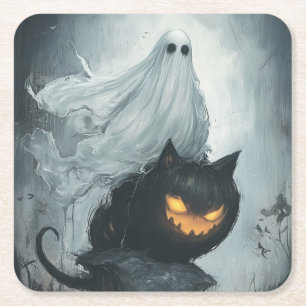 Halloween Ghost Riding a Black Cat Square Paper Coaster