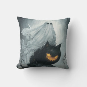 Halloween Ghost Riding a Black Cat Throw Pillow