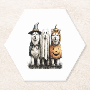 Halloween Ghost Siberian Husky Dog Paper Coaster