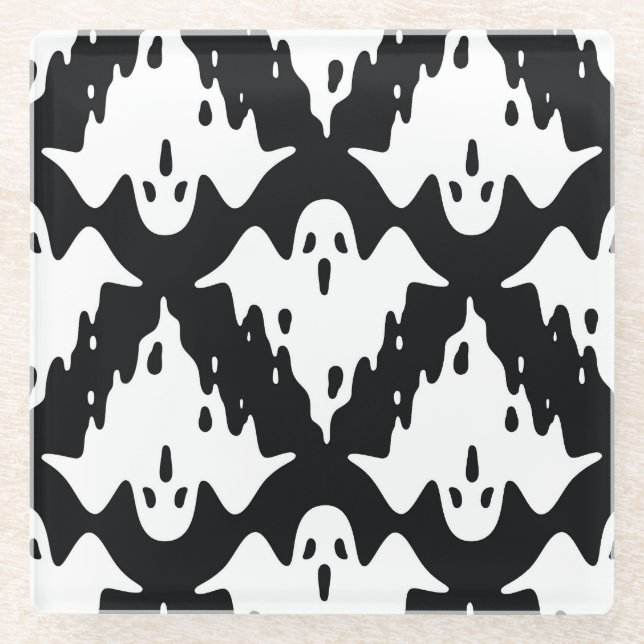 Halloween Ghost Spooky Seamless Pattern Glass Coaster (Front)