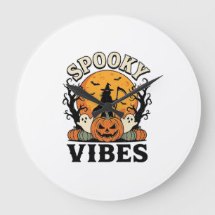 Halloween Ghost Spooky Vibes Pumpkin Witch Vintage Large Clock