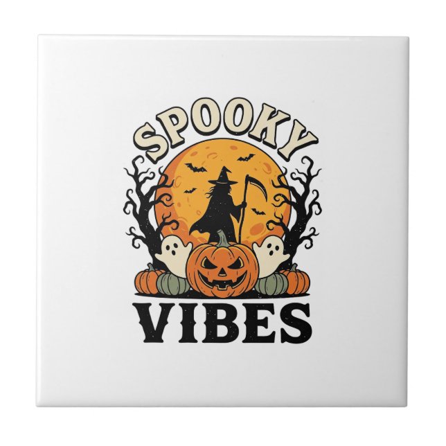 Halloween Ghost Spooky Vibes Pumpkin Witch Vintage Tile (Front)