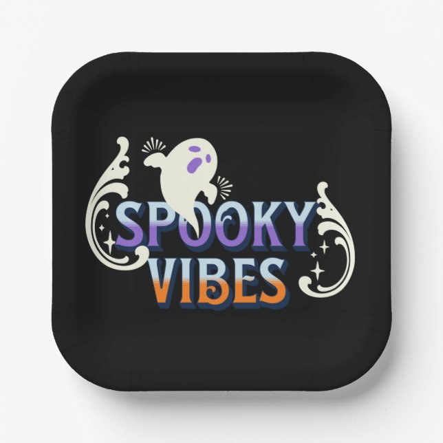 Halloween Ghost Spooky Vibes Typography Lettering Paper Plate (Front)