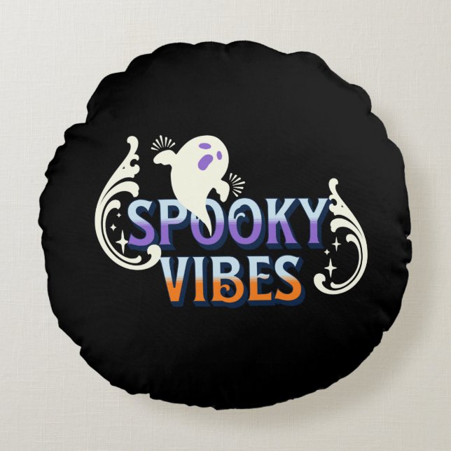 Halloween Ghost Spooky Vibes Typography Lettering  Round Pillow (Front)