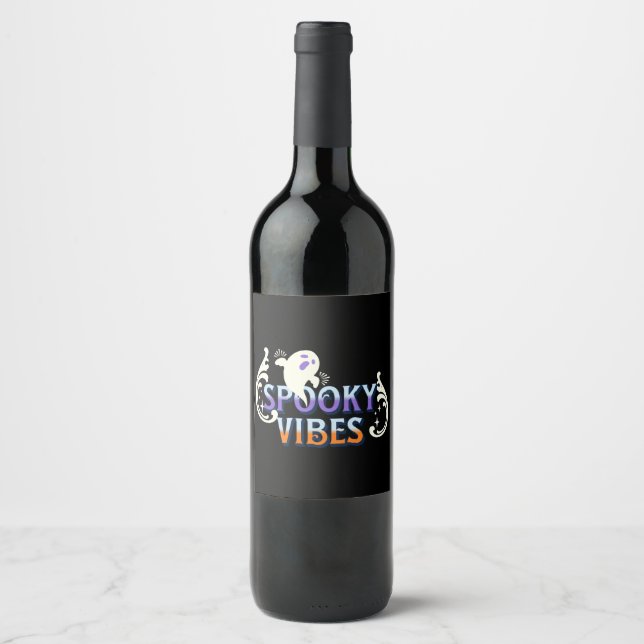 Halloween Ghost Spooky Vibes Typography Lettering Wine Label (Front)