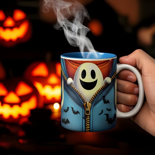 Halloween Ghost Through A Zipper Design Two-Tone Coffee Mug (Creator Uploaded)