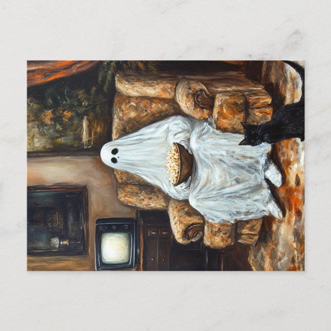 Halloween Ghost Watching TV with Popcorn Announcement Postcard (Front)