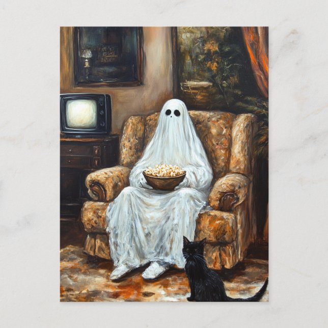 Halloween Ghost Watching TV with Popcorn Postcard (Front)