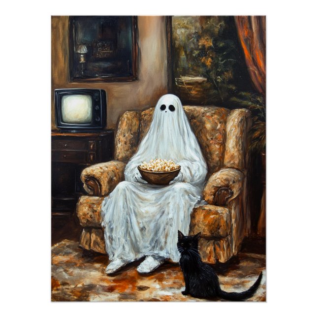 Halloween Ghost Watching TV with Popcorn Poster (Front)