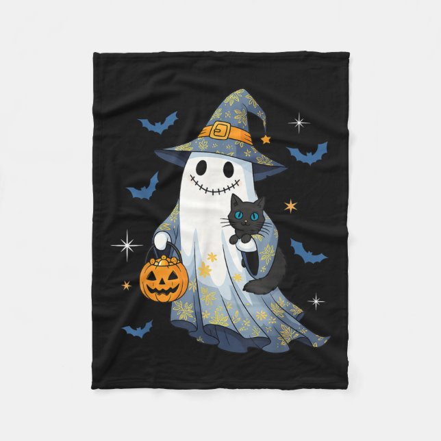 Halloween Ghost Witch Holding Black Cat Funny Hall Fleece Blanket (Front)