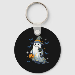 Halloween Ghost Witch Holding Black Cat Funny Hall Keychain