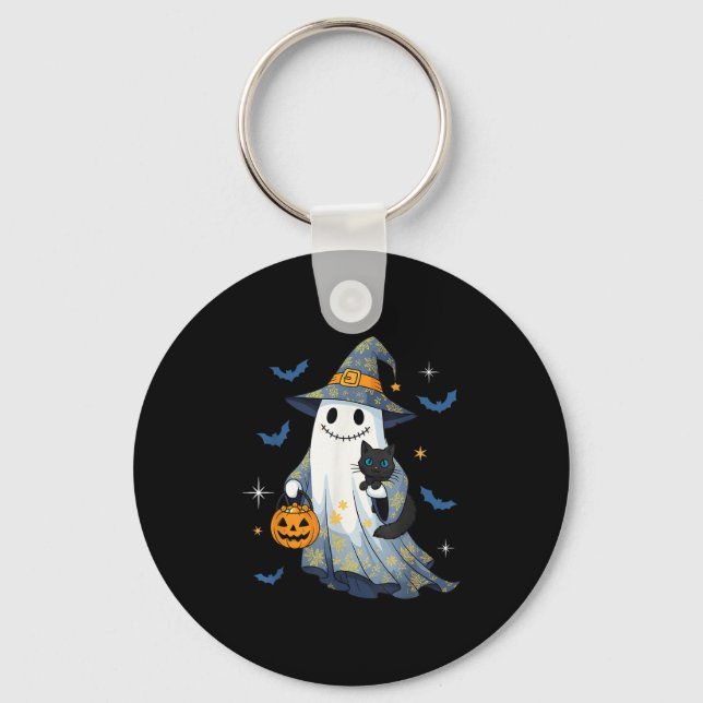 Halloween Ghost Witch Holding Black Cat Funny Hall Keychain (Front)