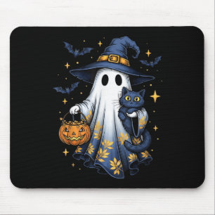 Halloween Ghost Witch Holding Black Cat Funny Hall Mouse Pad