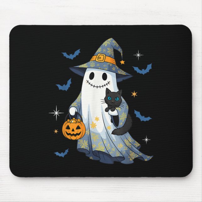 Halloween Ghost Witch Holding Black Cat Funny Hall Mouse Pad (Front)