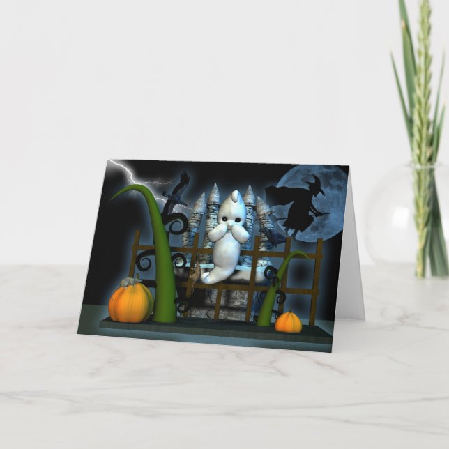 Halloween Ghost Witch rats and crows, scared ghost Card (Front)