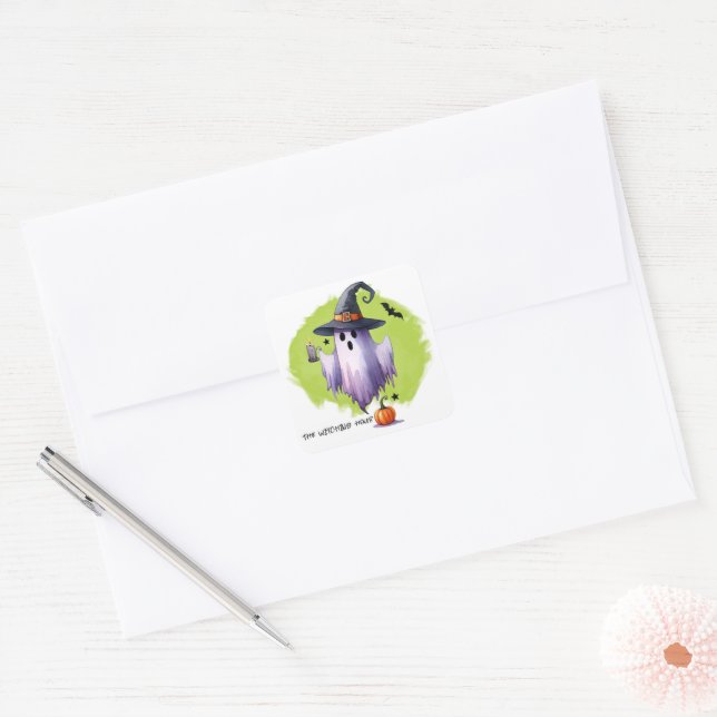 HALLOWEEN Ghost With A Witch Hat And A Pumpkin Square Sticker (Envelope)