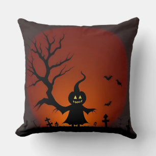 Halloween Ghost with Bats and Full Moon Throw Pillow