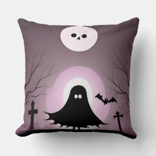 Halloween Ghost with Bats and Full Moon Throw Pillow