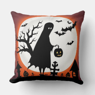 Halloween Ghost with Bats and Full Moon Throw Pillow