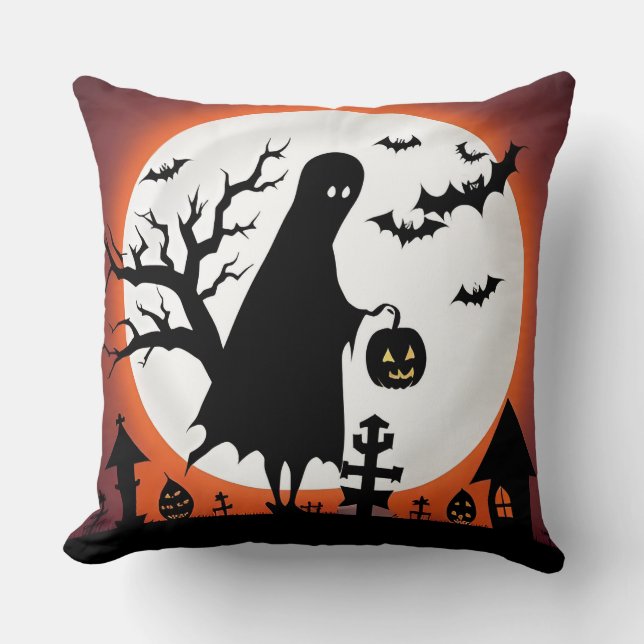 Halloween Ghost with Bats and Full Moon Throw Pillow (Front)