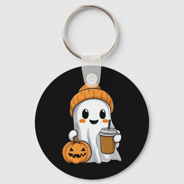 Halloween Ghost With Funny Iced Coffee Pumpkin Ora Keychain (Front)
