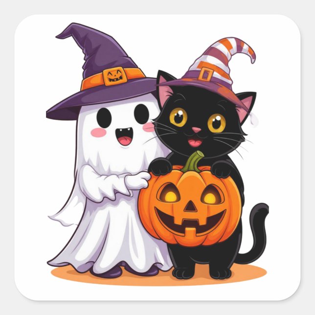 Halloween Ghost With Pumpkin Cat 👻 Square Sticker (Front)