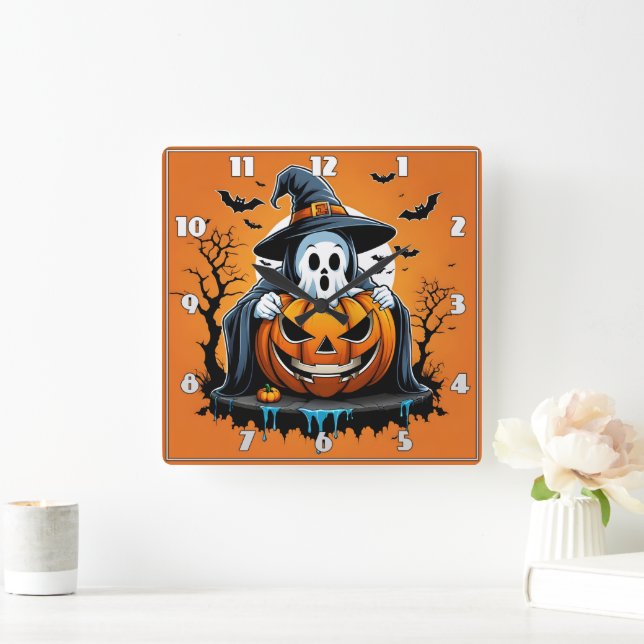 Halloween ghost with pumpkin under a spooky sky square wall clock (Home)