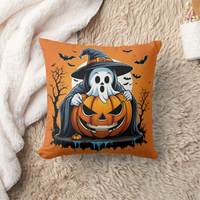 Halloween ghost with pumpkin under a spooky sky throw pillow (Blanket)