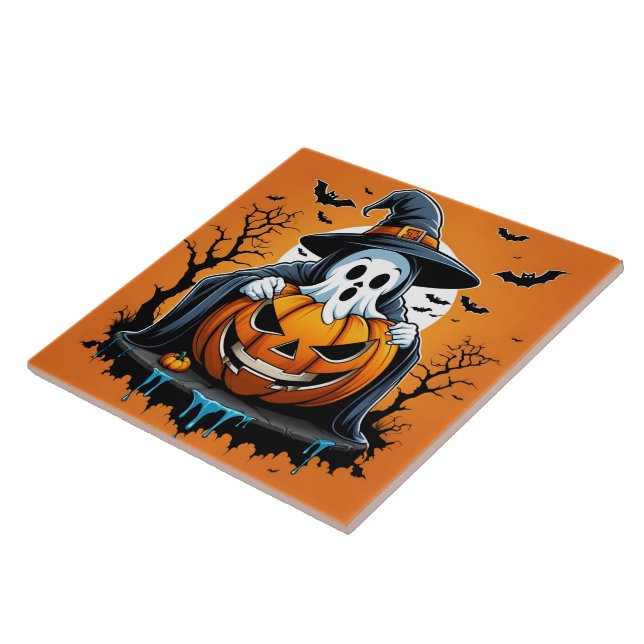 Halloween ghost with pumpkin under a spooky sky tile (Side)