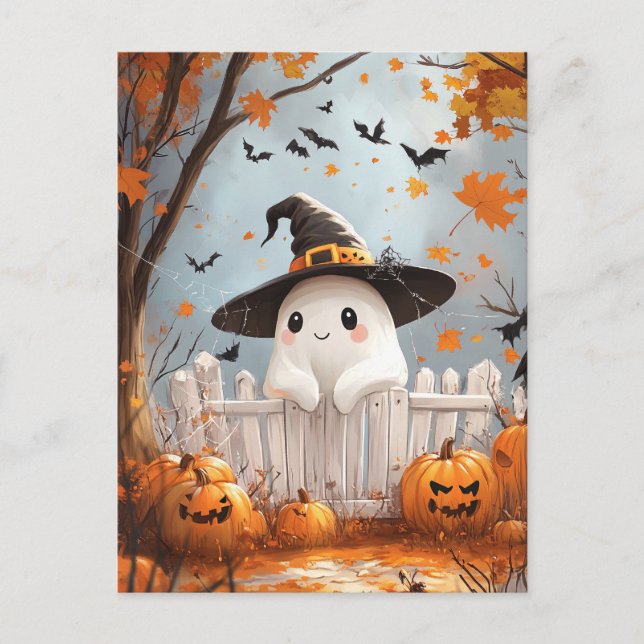 Halloween Ghost with pumpkins Holiday Postcard (Front)