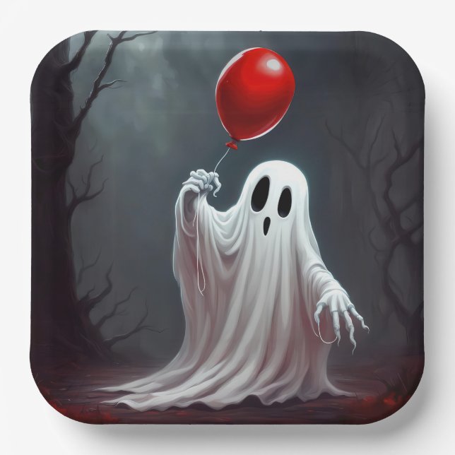 Halloween Ghost With Red Balloon Paper Plate (Front)