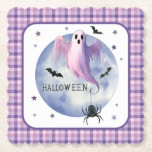 HALLOWEEN Ghost With Spider Purple Gingham Pattern
