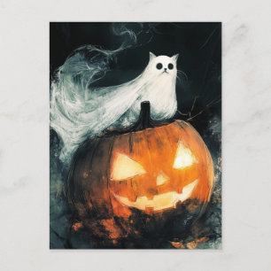 Halloween GhostCat and Jack o Lantern Postcard